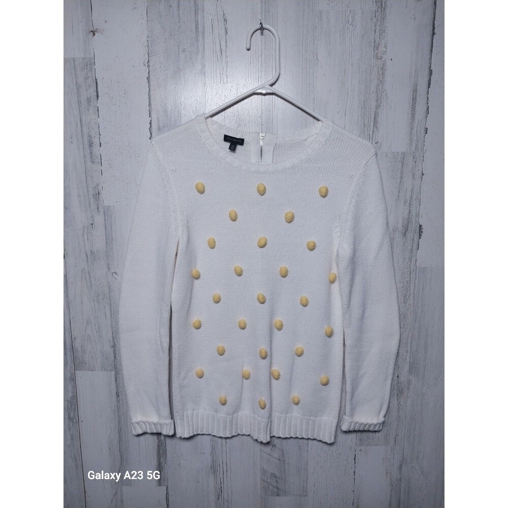 Talbots Pom Pom Sweater Womens XS Ivory Knit Back Zip Long Sleeve Pullover